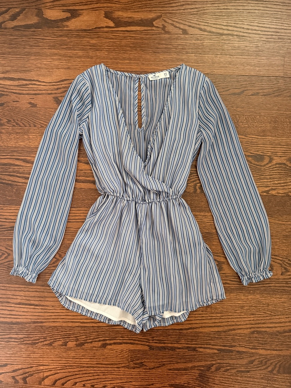 Hollister Blue and White Striped Long-Sleeve Romper